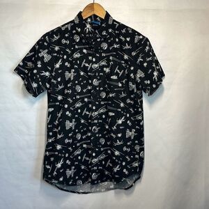 STAR WARS Logo DISNEY SITH TIE BOMBER Death Star Hawaiian Button Shirt BLACK S